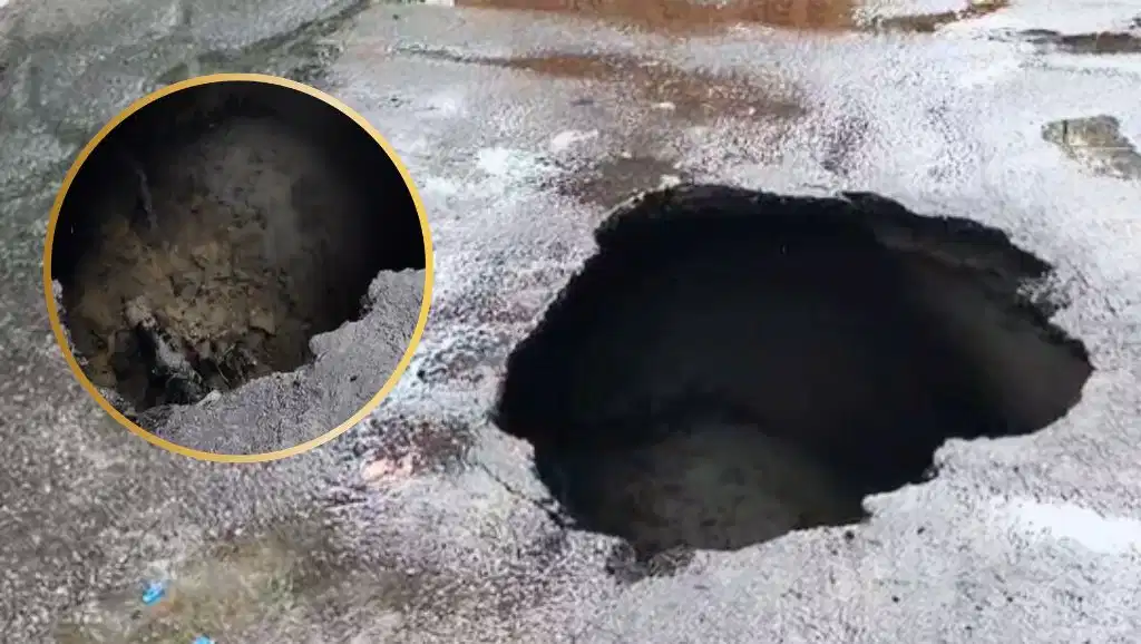 लखनऊ में तेज बारिश के बाद धंसी मुख्य सड़क: 10 फीट गहरे गड्ढे में गिरा बाइक सवार, पूर्व डिप्टी सीएम आवास के पास बड़ा हादसा